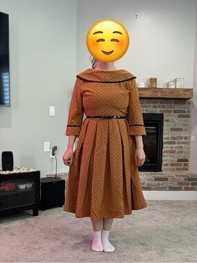 Tatyana Rust Polka Dot Midi Dress with Black Trim